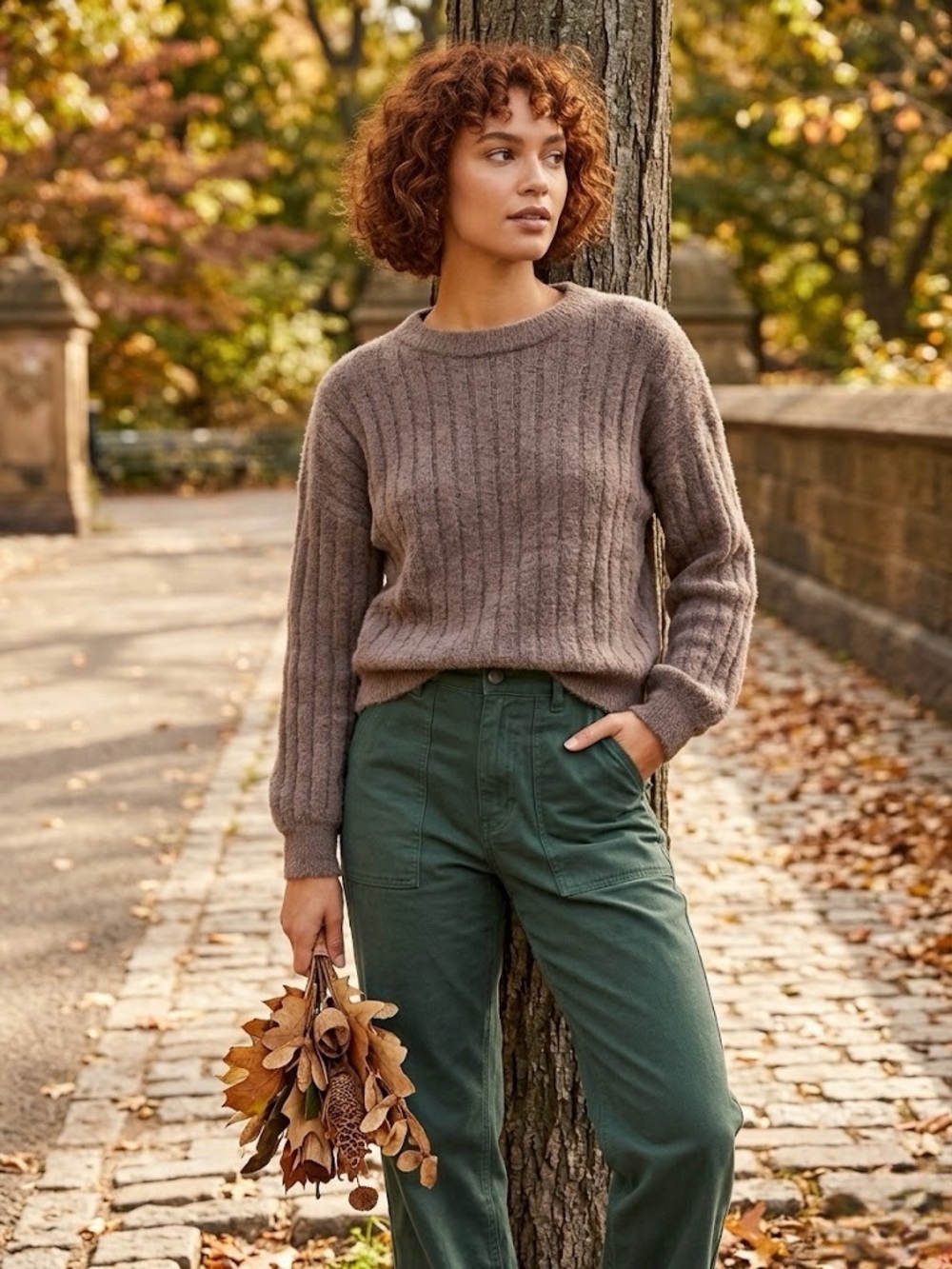 Mauve Taupe Textured Ribbed Sweater